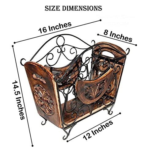 Image of Wooden & Wrought Iron Magazine Stand for Table | Hand-Carved Newspaper & Book Holder | Decorative Organizer for Home & Office | Black Finish (41 x 38 x 20 cm)