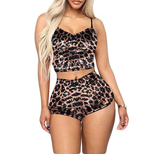 RUEWEY Women Sexy Strappy Babydoll Lingerie Satin Pajama Set Camisole with Shorts 2 Piece Sleepwear (M, Leopard Brown)