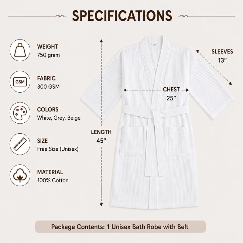 ST (SANJEEV TEXTILES) Sanjeev Textiles Unisex Cotton Heavy Waffle Bathrobe (White) 3