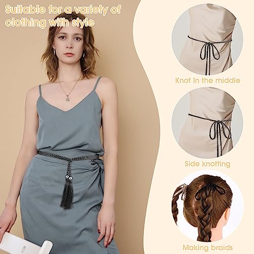 Women's Thin Braided Belt Trendy Boho Thin Belt Waistband Tassel Braided Waist Belt for Skirt Dress (Black)4