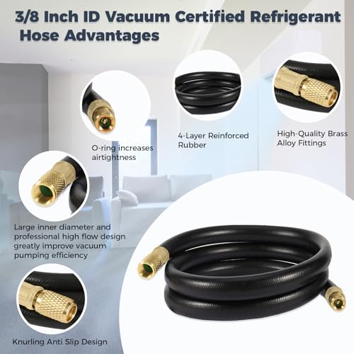 Image of 3 /8 Inch HVAC Vacuum Hose,3 /8 inch to 3 /8 inch FL, 6FT, High-Flow Refrigerant Hose, 640 PSI Working, 3200 PSI Burst, 4-Layer Low Permeation Construction - Fits R410A R134A R22 R404A Systems
