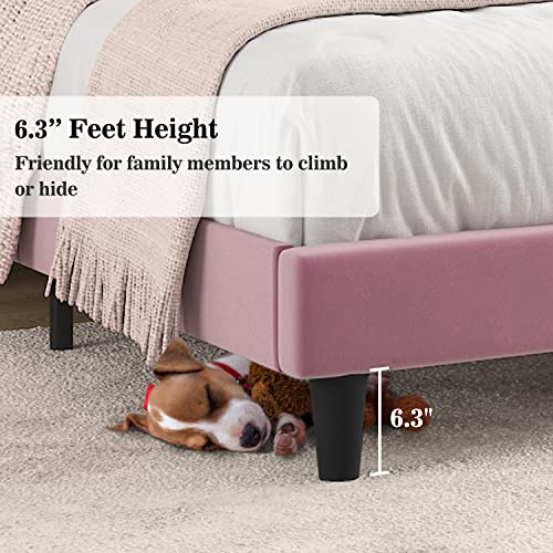 Image of Allewie Full Platform Bed Frame /Velvet Upholstered Bed Frame with Vertical Channel Tufted Headboard /Strong Wooden Slats /Mattress Foundation /Box Spring Optional /Easy Assembly /Pink