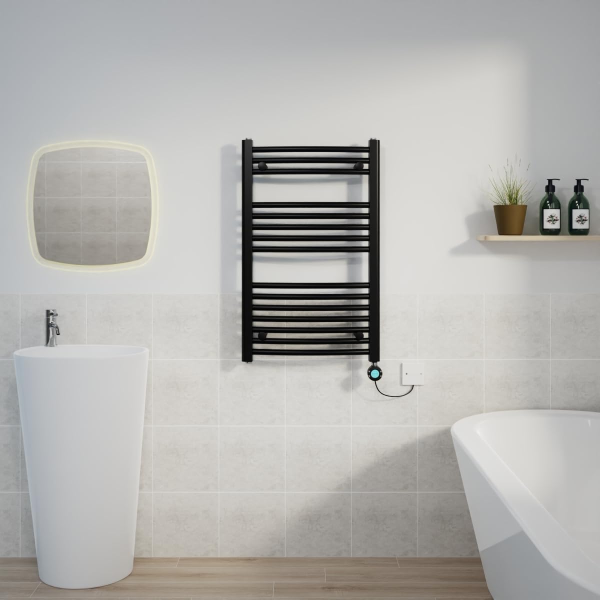 Warmehaus Electric Heated Towel Rail Curved Black Thermostatic Bathroom Towel Radiator with Timer Prefilled - 800x500mm 400W