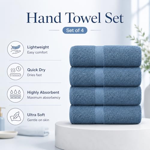 Image of Sulfar 100% Combed Cotton, Quick Drying Highly Absorbent, Luxury Hand Towel Set (Pack of 4, 40 X 70 cm) Dark Blue