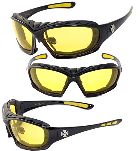 Mens Motorcycle Padded Goggles Sunglasses CH4873 - Several Colors Available! (Black - Yellow Lens) - Main Image