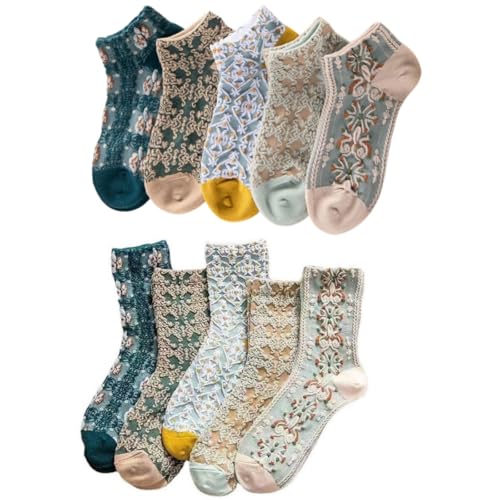 Cazqgoy 5 Paar Schlauchsocken und 5 Paar kurze Vintage-Socken, flippige Socken, neuartige Socken, Blumensocken, Vintage-Socken, gemusterte Socken, Vintage-Socken, bestickte Blumensocken, farbig, L