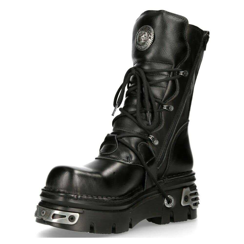New Rock 373-S4 Bottes Gothiques Mi-Mollet Punk Gothiques en Cuir Noir Métallisé Avec Lacets et Fermeture à Boucle