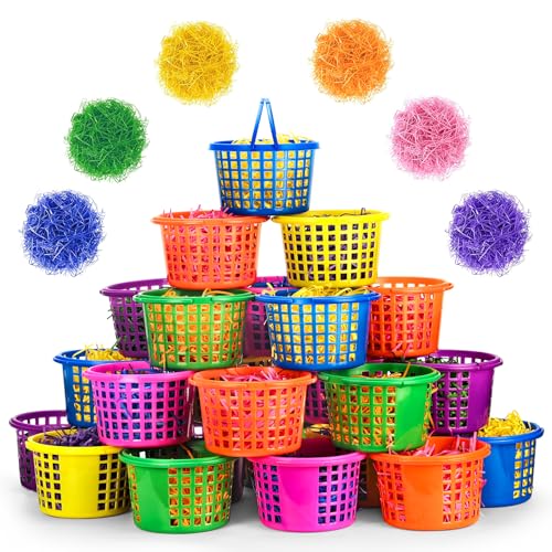 Evoio Easter Baskets in Bulk for Kids 24 PCS Plastic Easter Basket Bucket for Eggs Hunts Game Classroom Eggs Collecting Baskets with 6 Color Raffia Paper Grass Filler Basket for Kids Egg Hunts Party