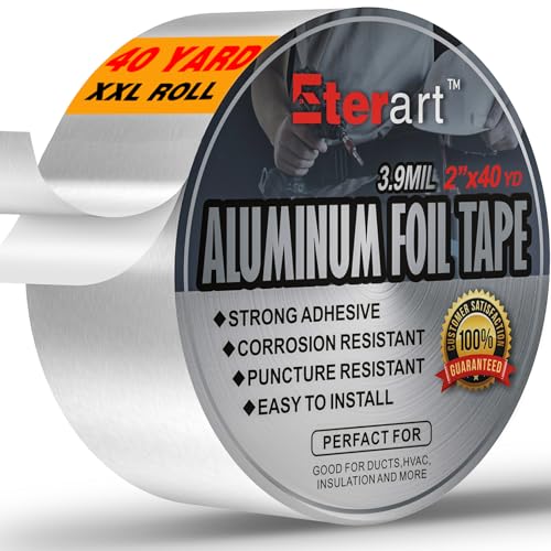 ETERART Aluminum Foil Duct Tape Heavy Duty,High Temperature Sealing and Patching,for HVAC,Air Ducts,Metal Repair, Foamboard,Insulation,Dryer Vent and More,2 Inch x 40 Yards,Silver