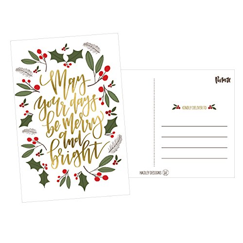 Hadley Designs 50 Green & Gold Holiday Greeting Cards, Cute Fancy Winter Christmas Postcard Set, Bulk Premium Seasons Greetings, Happy New Years for Kids, Business Office or Church Thank You Notes