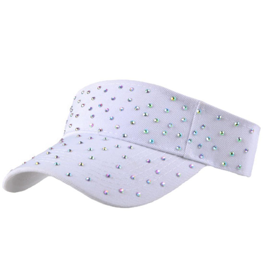 JNKET Women Sun Visor Hats Rhinestone Empty Top Hat Outdoor Sport Visor Cap (US, Alpha, One Size, Medium, White)