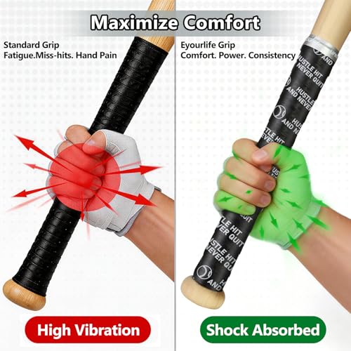 Eyourlife 2 Pack Baseball Bat Grip Bat Wraps for Baseball Lifestyle Softball Gifts Pro Feel Non-Slip Elite Batting Grip Tape for Bats Players Black Hustle HIT — view 6