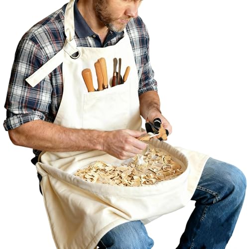 Image of Woodcarving Apron-Work Apron with Brown Leather Chest Patches, Tool Pocket