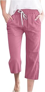 2025 - Pantalones capri casuales de algodón y lino de color sólido para mujer con cintura elástica y cordón y bolsillo lateral Pantalones a cuadros para mujer 38 40