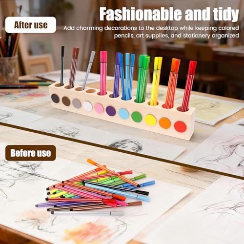 Buntstifthalter aus Holz, Stiftehalter Schreibtisch Holz mit 11 Löchern Abgerundetes Eckendesign Stifthalter Dekorativer Kreativer Montessori Buntstifte Organizer für Schule Büro Zuhause 41,5x7x4cm