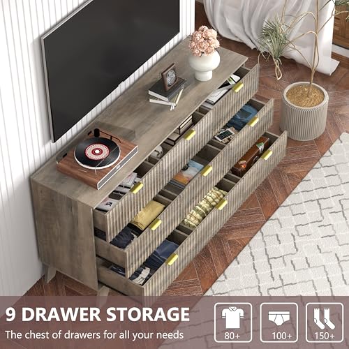 Image of Grey Dresser 9 Drawer Dresser for Bedroom, 57''Wide Fluted Wooden Dresser Storage Cabinet and Chest of Drawers with Metal Handle, Storage Organizer for Living Room, Hallway, Entryway, Gray
