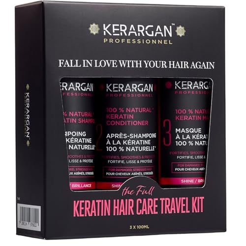 Kerargan - Kit de Voyage Ultra Réparateur à la Kératine Shampoing, Après-shampoing & Masque - Nourrit, Lisse, Renforce & Protège même en Déplacement -...