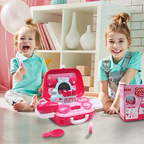 31 PCS Kids Princes Makeup Set Pretend Cosmetics Children Role Play Jewellry Kit Dress Up Kit with Carry Case Dressing Table Hair Dryer Nail Polish ToyBirthday Gif for Toddlers Girls