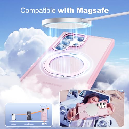 Image of Compatible with Samsung Galaxy S24 Ultra Case with 360Rotatable Magnetic Ring Stand Compatible with Mag-Safe Military Protection Matte Translucent Phone Cases for S24 Ultra 6.8 inch,Pink