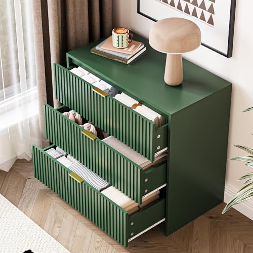 Image of MAISONARIA Green Fluted Dresser for Bedroom, 32 Inch Wide Nightstand with Large Drawer, 3 Drawer End Table for Bedroom, Living Rooms, Offices, and Entryways