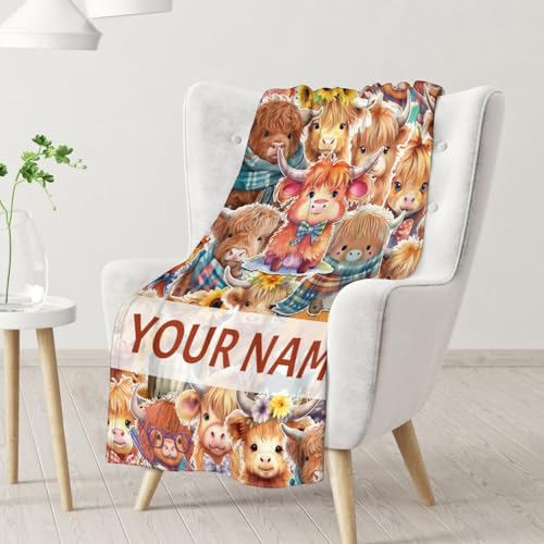 Personalized Highland Cow Blanket Gifts with Name - 60x80 Inches Cute Throw Blanket for Girls & Boys - Brown Soft Fuzzy Blankets for Bed, Couch & Living Room