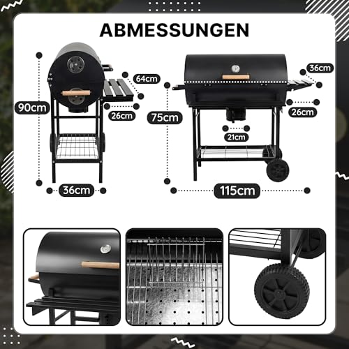Five-Star Grill&Chill Holzkohlegrill mit Deckel – Großer Grillwagen mit Chromrost 71×35 cm & Thermometer – Für Garten & Terrasse – Aschekasten, Lüftungsöffnungen, 2 Räder