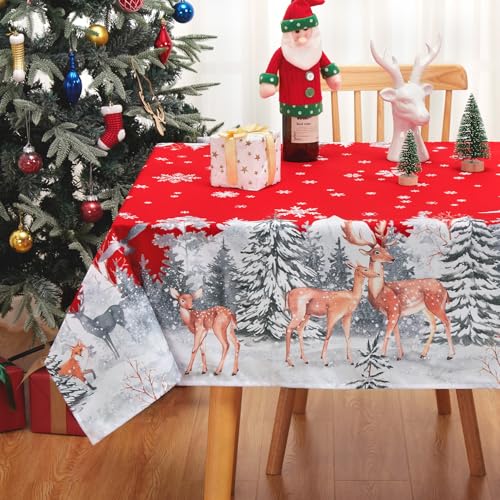 CAROMIO Mantel de Navidad lavable para decoración navideña, mantel impermeable con estampado de ciervos, mantel para cocina, 137 x 200 cm, rojo