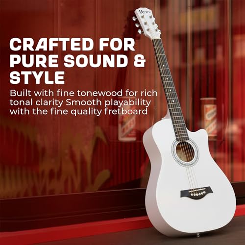Image of Revel 38 Inch Acoustic Guitar Cutaway Wooden Guitar with High-Gloss Finish, Steel Strings, Smooth Tuning Pegs, Includes Carry Bag & Picks | Acoustic Guitar for Beginners and Adults. (White)