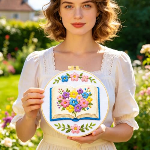Image of BEUNITONE 6 Set Embroidery Kit for Beginner Adults, Books & Flowers Cross Stitch Set with Stamped Pattern Hoops Threads Cloth Needles, Embroidery Starter Kit for Gifting and Home Decoration