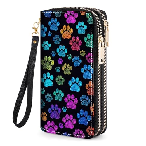 JDHJFBFJNP Colorful Dog Paw Print Womens Large Capacity Wallet PU Leather Double Zipper Clutch Purse for Cash/Card/Coin/Smart Phone