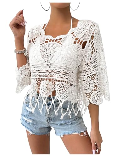 MakeMeChic Women's Crew Neck Crochet Swimsuit Cover Up 3/4 Sleeve Scallop Trim Beach Coverup