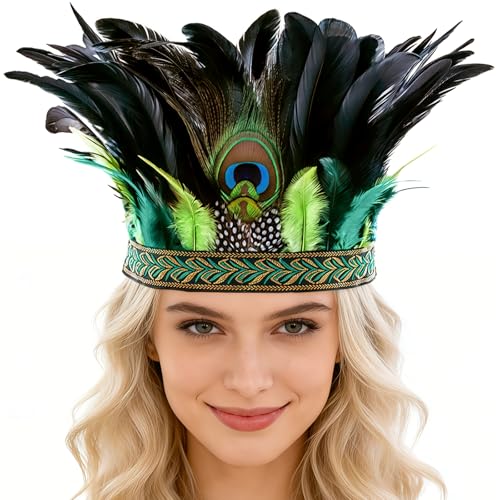 IHLOOTD Coiffe Indienne Bandeau Plume Coiffe Plumes de Paon Bandeau à Bresilienne Plume Carnaval Deguisement Indien Femme Accessoire Gatsby Femme Annee 20...