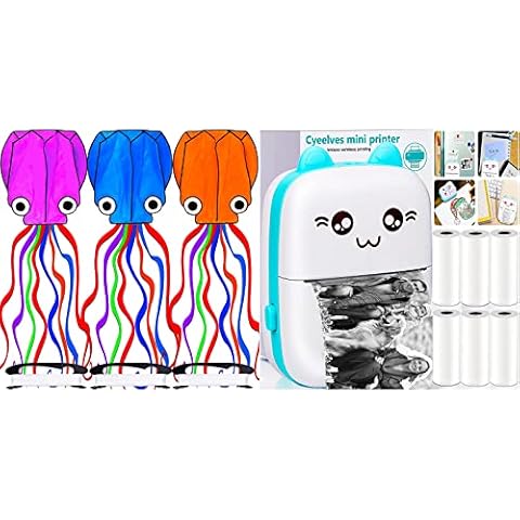 Kite 3 Pack, 3D Large Octopus Giant Kites with Kite String, Kites for Kids Easy to Fly Boys Girls, Mini Printer Portable, Pocket Thermal Printer with 6 Rolls Paper Compatible with iOS Android Cover