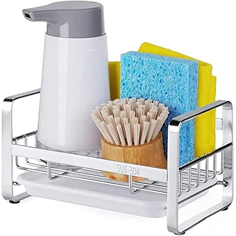 HULISEN Kitchen Sink Sponge Holder, 304 Stainless Steel Kitchen Soap Dispenser Caddy Organizer, Countertop Soap Dish Rack Drainer with Removable Drain Tray, not Including Dispenser and Brush, Silver Cover