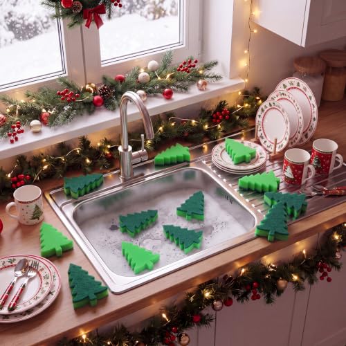 Image of Tioncy 12 Pack Christmas Tree Kitchen Sponges Dual Sided Scrubber | Festive Tree Design, Dual Scrub for Dishes Pots Pans, Kitchen Cleaning Supplies in Bulk, Household Use, 4.33x2.44x0.98 in