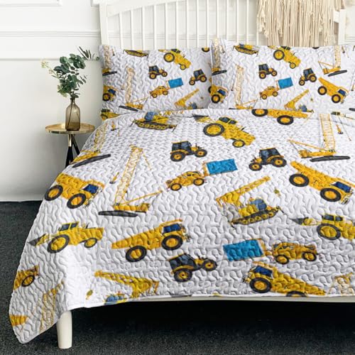 BlessLiving Yellow Engineering Truck Quilt Set 3PCS King Size Soft Lightweight Bedspread Coverlet Microfiber Bedding Set with 2 Pillow Shams for Kids Girls Boys Cartoon Truck Design Bedroom Bed Decor