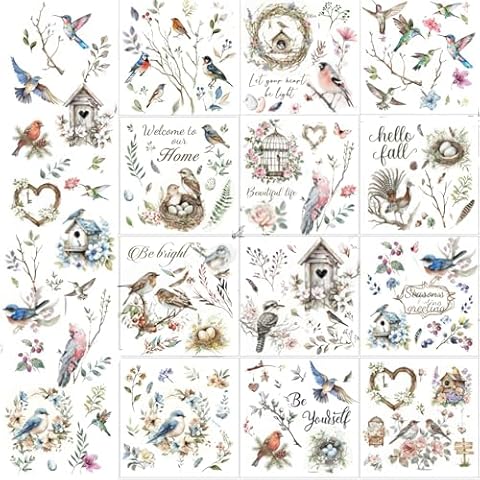 Heflashor Birds Rub on Transfers Stickers for Crafts, 12 Sheets Vintage Birds Floral Furniture Transfers Rub on Decals for Home Office Paper Wood DIY Craft Cover