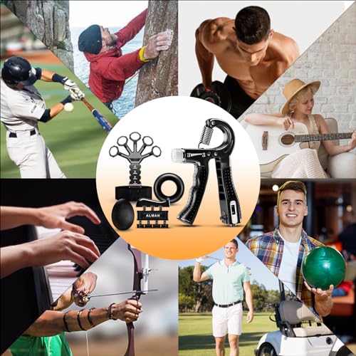 ALMAH Handtrainer Fingertrainer 5-Pack, Unterarmtrainer Griffkraft Trainer Set, Verstellbarer Grip Trainer, Finger Trainingsgerät, Fingerstrecker, Trainingsring und Stressabbau-Griffkugel