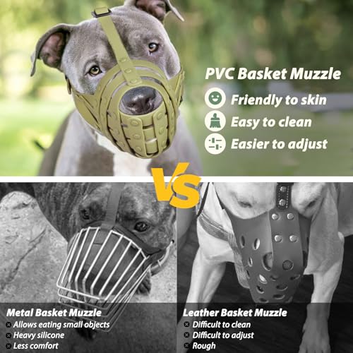 Image of Mayerzon Pitbull Dog Muzzle for Large Medium Dogs Prevent Biting Scavenging | Fits Rottweiler Amstaff Broad-nosed Breed, Sturdy Breathable Basket, Training Walking Use, Allows to Drink | Green, M