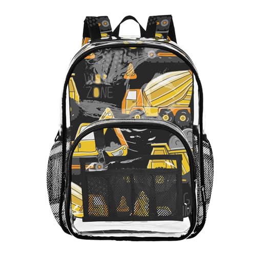 Excavator Cars Pattern Clear Backpack, PVC Transparent School Backpack Lightweight Student Book Bags Capacity Clear Bag