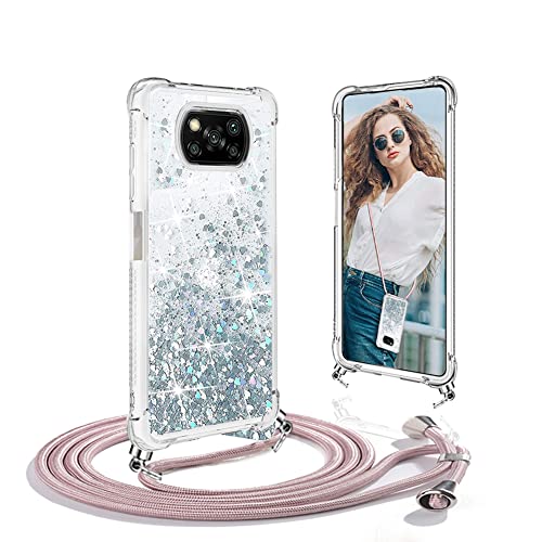 Ptny Case Funda Colgante movil con Cuerda para Colgar Xiaomi Poco X3 Pro Carcasa Correa Transparente de TPU con Cordon para Llevar en el Cuello con Ajustable Collar Cadena Cordón, Oro Rosa Cover