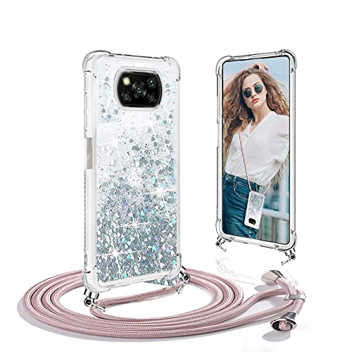 Ptny Case Funda Colgante movil con Cuerda para Colgar Xiaomi Poco X3 Pro Carcasa Correa Transparente de TPU con Cordon para Llevar en el Cuello con Ajustable Collar Cadena Cordón, Oro Rosa