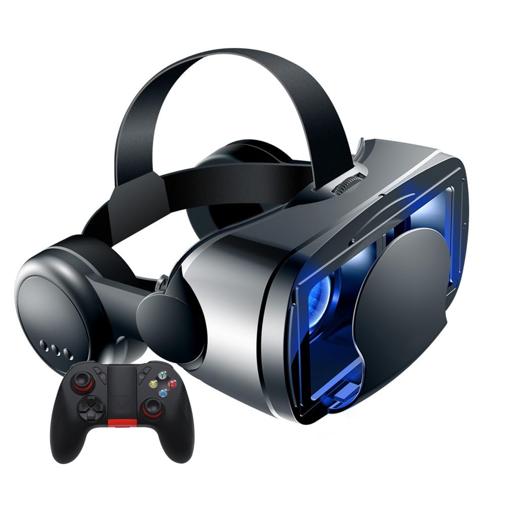 Gafas 3D VR Auriculares de Realidad Virtual Gafas VR para películas 3D VR & Juegos VR Anti Bluelight Ajustable Pupil Eye Care System para teléfonos Inteligentes Android & iOS con Gamepad (Negro) (B)