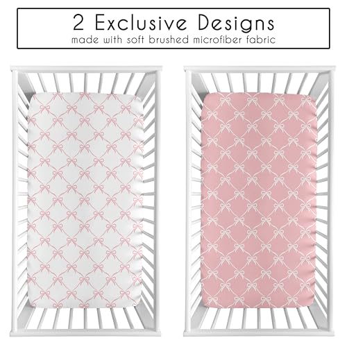 Image of Sweet Jojo Designs 2-Piece Baby Crib Sheets Set (Pink and White Bows) for Girls, Infant Nursery, Toddler Room - Fitted, Standard Size (Blush Bow for Shabby Chic, Ballet, Ballerina Princess Collection)
