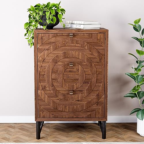 Image of HOMPUS 3 Drawer End Table, Modern Nightstand with Concentric Circles Pattern, Farmhouse Night Stand with 3 Storage Drawers, Wooden Bedside Table, Nightstand w 3 Drawers for Sunroom, Apartment