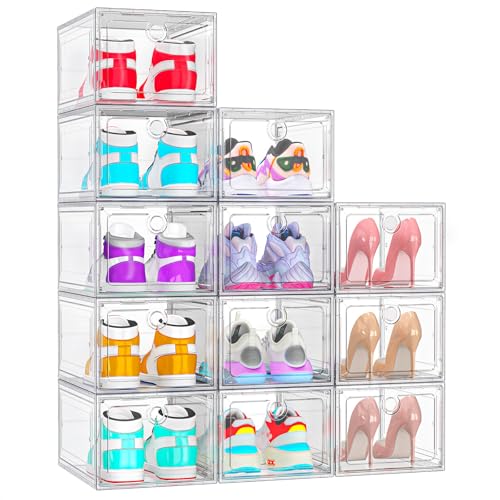 Image of ARSTPEOE 12-Pack Shoe Storage Boxes Clear Magnetic Stackable | Upgraded Harder Material, Stackable Space-saving, Fits Sneakers & Boots, Clear Magnetic Front Door