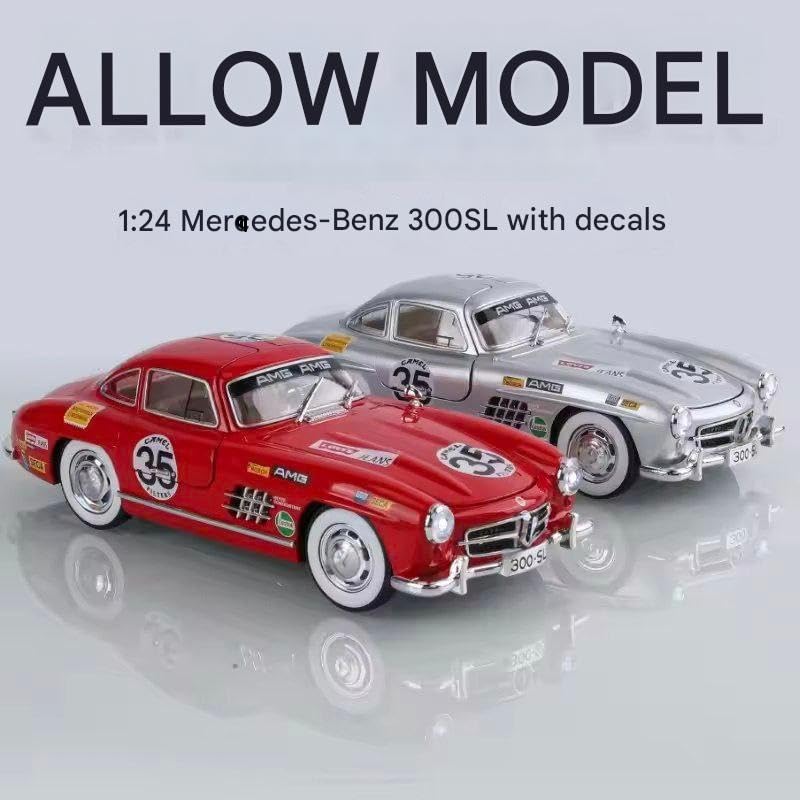 Image of 1:24 Scale MER-CEDES Ben-Z 300SL Die-Cast Metal Car with Sport car Openable Doors Light and Sound,Pull Back Function Indoor Outdoor Toy for Kids (Silver-Printed)