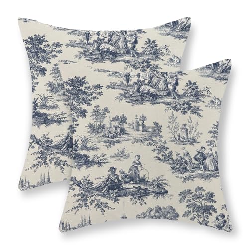 GOLIANDA French Country Pillow Covers 20x20 Set of 2 Vintage Toile Blue Throw Pillows French Country Decor Outdoor Pillowcase Rustic Cottage Linen Decorative Farmhouse Cushion Case for Couch Bed Sofa