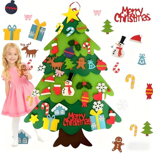 GUO-YING Set de Árbol de Navidad de Fieltro DIY 98cm con 32 Adornos + Velcro, Decoración Navideña para Niños, Regalo Ideal