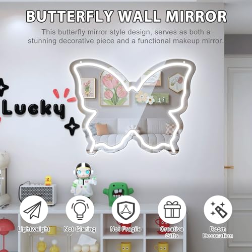 Image of Butterfly Neon Sign Mirror, LED Neon Sign for Wall Decor, 15.7'' x 12'' Dimmable Neon Light for Teen Girls & Kids Birthday Gift, Neon Signs for Room Decor, Wall Mirror, USB Powered (Daylight White)